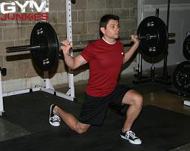 Demonstration of the Barbell Lunge exercise.