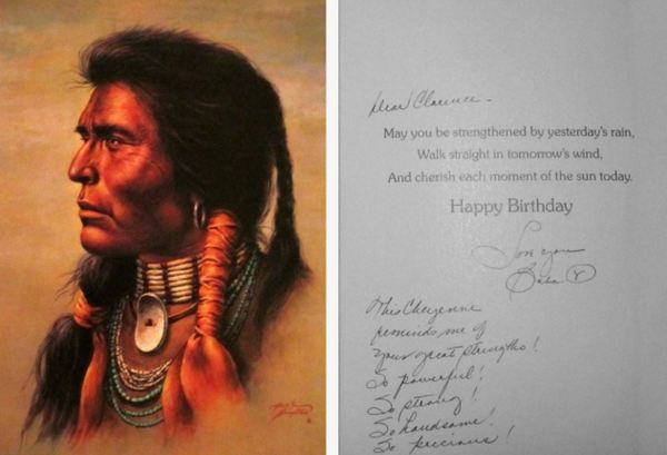 Birthday card given to Clarence Harrison by his wife's mother.  The front of the card shows the face of a young and handsome Cherokee man.
