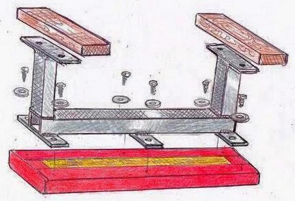 Illustration showing how a top is fastened to a referenced steel-frame weight bench.