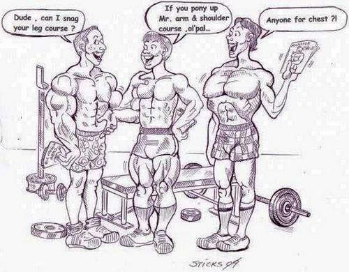 Cartoon drawing of three bodybuilders, one with a large upper body and skinny legs, one with big legs and a skinny upper body, and one with a large chest, small arms, and small legs.