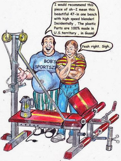 Cartoon drawing of a smiling salesperson showcasing a poorly made combination weight bench to a suspecting bodybuider.