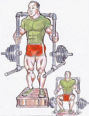 Depiction of the squat exercise using a Harvey Maxime Apparatus.